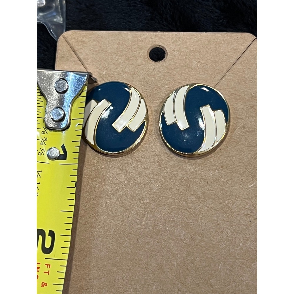 Vintage Monet Gold Tone Cream & Blue Enamel Post Earrings - 3/4 inch - Picture 4 of 4